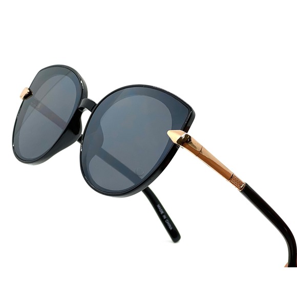 Black Round Cat Eye Sunglasses Black with Gold Accent Trendy Fashion Eyewear New - Picture 1 of 6
